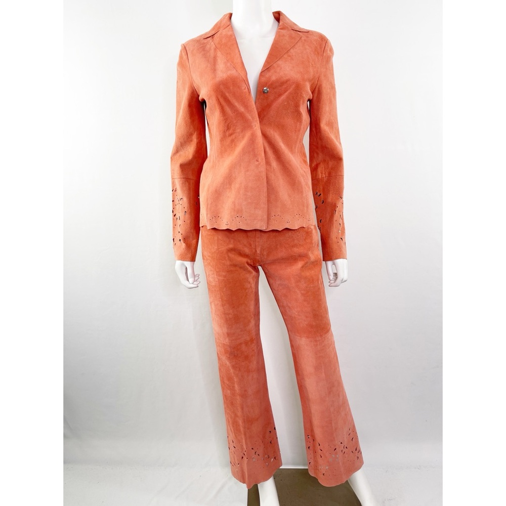 Vintage BCBGMAXAZRIA Coral Pink Leather Suit Suede XS Jacket & Pants Laser Cut